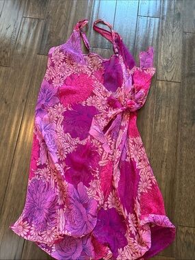 Vintage Peony Pink & Purple Chiffon Floral Tie-Waist Sundress/coverup